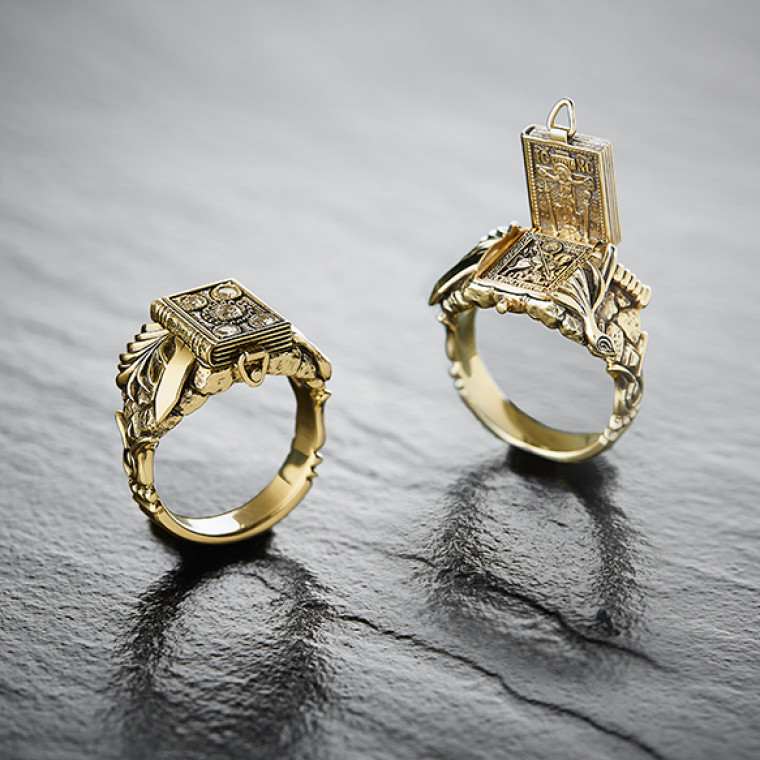 Folding signet ring in the shape of the Gospels/ image of Saint John the Warrior/ image of Saint Nicholas the Miracle Worker/ image of Archangel Michael/image Saint George the Victorious